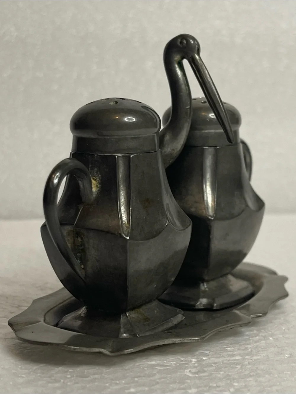 VTG Old Colonial Genuine Pewter Salt And Pepper Shakers Tray Stork Crane Handle